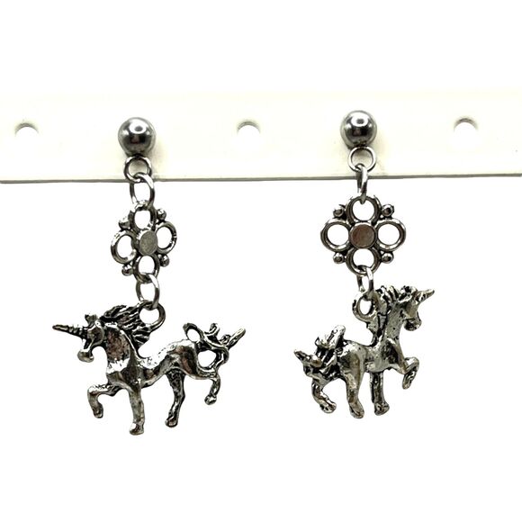 Vtg Unicorn Earrings Silver Tone Posts Dangle Flower Prancing Horse Fairytale - Picture 1 of 8